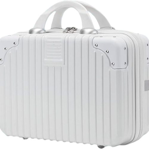 Makeup Travel Case Hard Shell Cosmetic Bag Small Portable Makeup Bag Hand Luggage with Elastic Band Mini  Carrying Suitcase for Women Girls, White, White, Modern