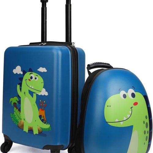 Dinosaur Kid's Luggage Set for Boys, 18" Hardside Kids Suitcase with Spinner Wheels, Toddler Carry on Luggage Travel Rolling Suitcase Airline Approved
