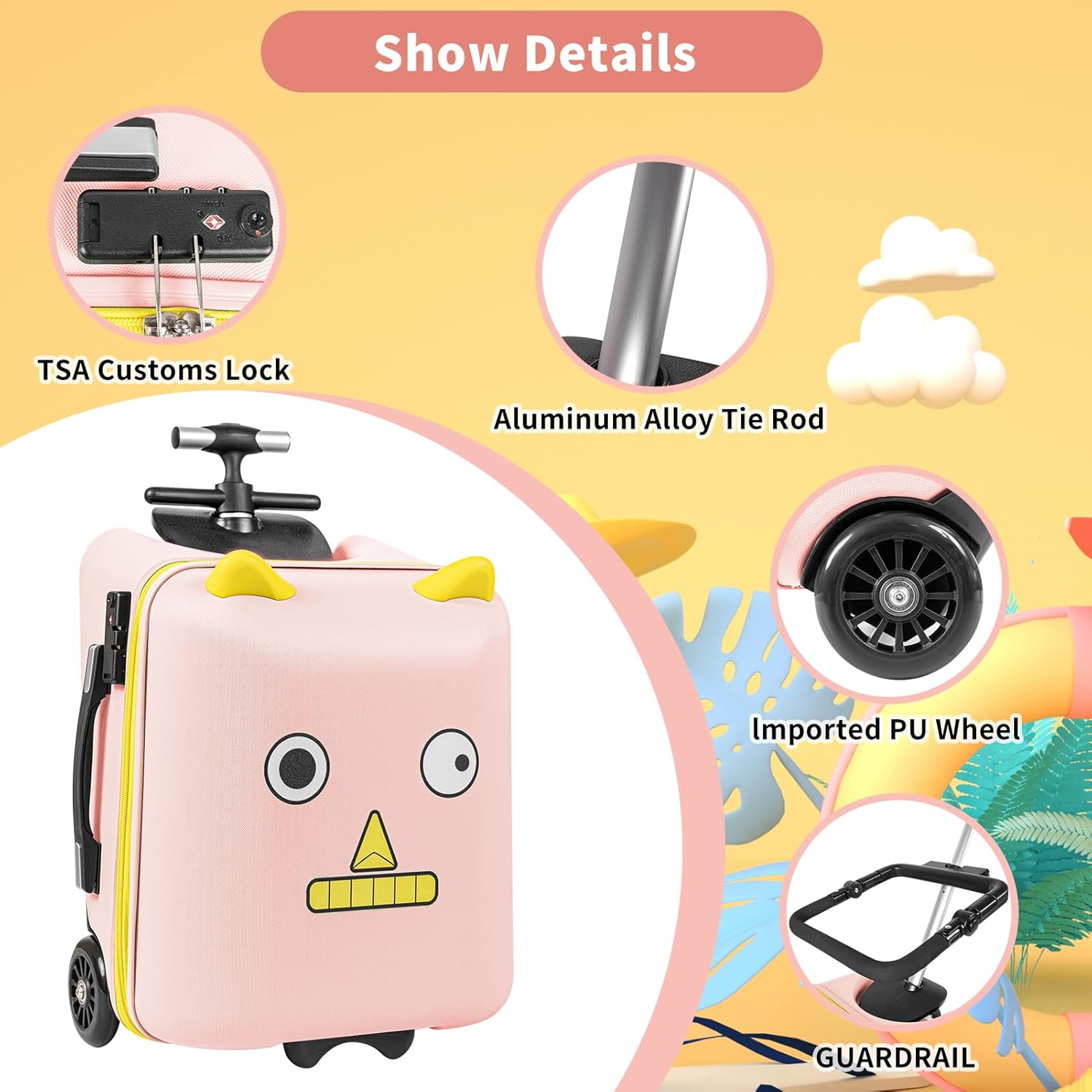 Ride on Suitcase for Kids, 20 inch Hardside Luggage Ride on,Large Suitcases with Child Seat Design with 4 Universal Wheels Help Your Child Travel, Gift as Kids (Pink) - Image 2