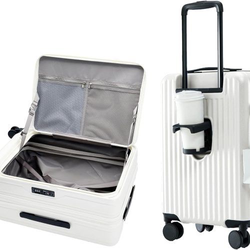 24 Inch Expandable Carry On Luggage with Cup Holder, Hardside TSA Approved Luggage with Spinner Wheels, Top Opening Suitcase For Travel, White