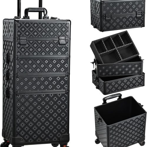4 in 1 Rolling Makeup Trolley Train Case Cosmetic Suitcase Nail Tech Box for Makeup Artist, Hairstylists, Nail Tech Case with with Keys Swivel Wheels Traveling Trunk, Shine Grid, Rolling Makeup