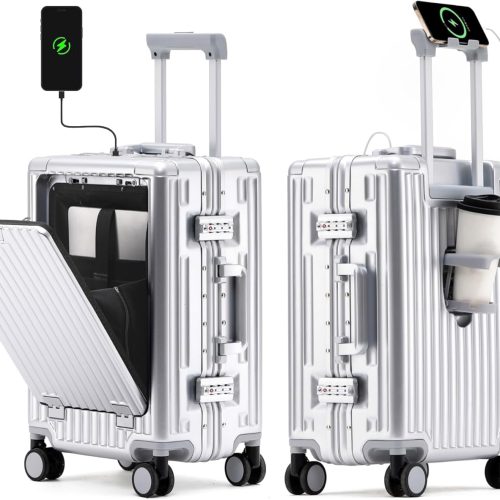 24 Inch Checked In Luggage with Cup Phone Holder and Laptop Compartment, PC Hard Shell Suitcase with Spinner Wheels and USB Port, Large Luggage for Business Travel