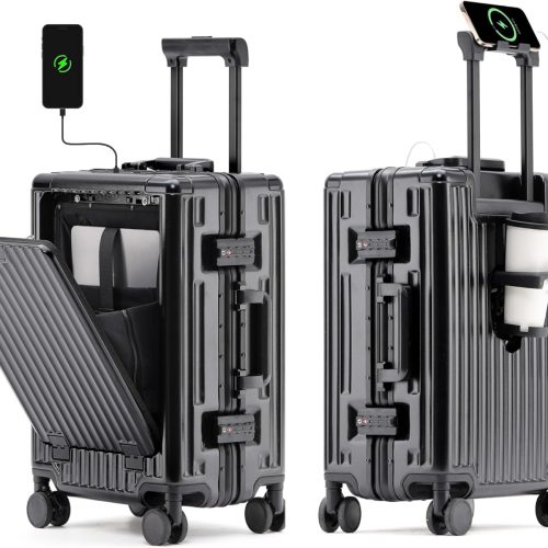 24 Inch Checked In Luggage with Cup Phone Holder and Laptop Compartment, PC Hard Shell Suitcase with Spinner Wheels and USB Port, Large Luggage for Business Travel