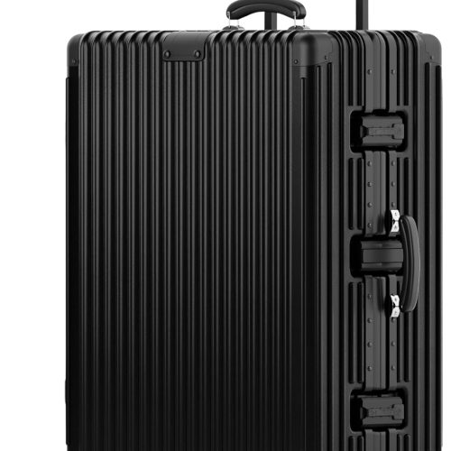 29 Inch Check-In Luggage - Polycarbonate Hard Shell Suitcase with Aluminum Corners, Smooth-Rolling Wheels, Leather Handle, Aluminum Frame Luggage, Zipperless  (Black, 29 Inch Check-In)