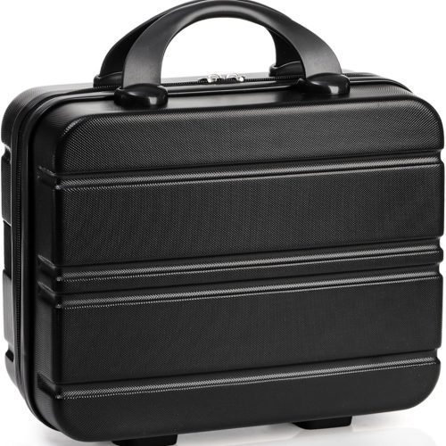 Hard Shell Cosmetic Travel Case, 12 Inch Portable Makeup Train Case with Elastic Band and Handle, Pressure-of Mini  Carrying Suitcase Toiletry Box for Travel, Camping, Black, Black,