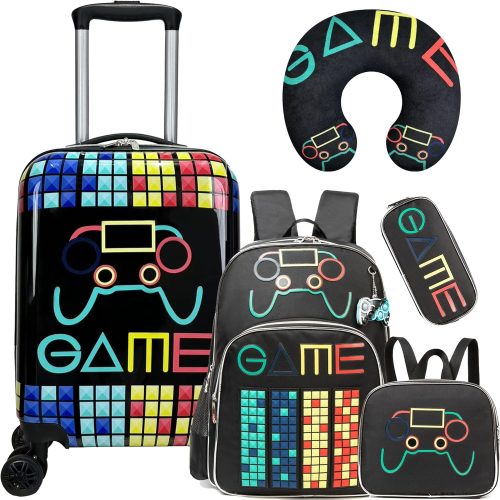 Kid’s Luggage Set 5 Piece Suitcase Set 16’’ Hardside Luggage with Spinner Wheels Girls Boys Carry on Luggage Travel Rolling Luggage Airline Approved