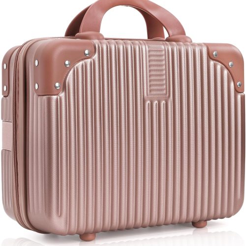Hard Shell Cosmetic Travel Case, 12 Inch Portable Travel Hand Luggage with Elastic Band, Mini  Carrying Makeup Case Suitcase Train Cosmetic Bag for Travel, Camping, Business Trip, Rose Gold,